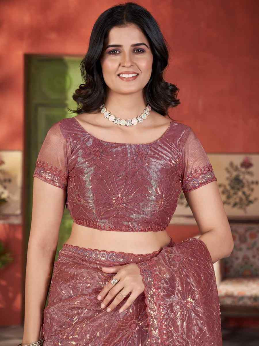 Rust Pink Twill Net Embroidered Festival Wedding Fancy Heavy Border Saree