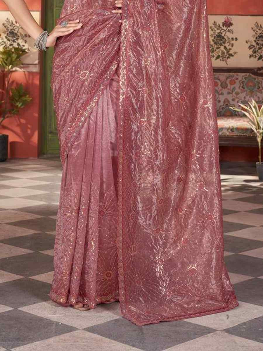 Rust Pink Twill Net Embroidered Festival Wedding Fancy Heavy Border Saree
