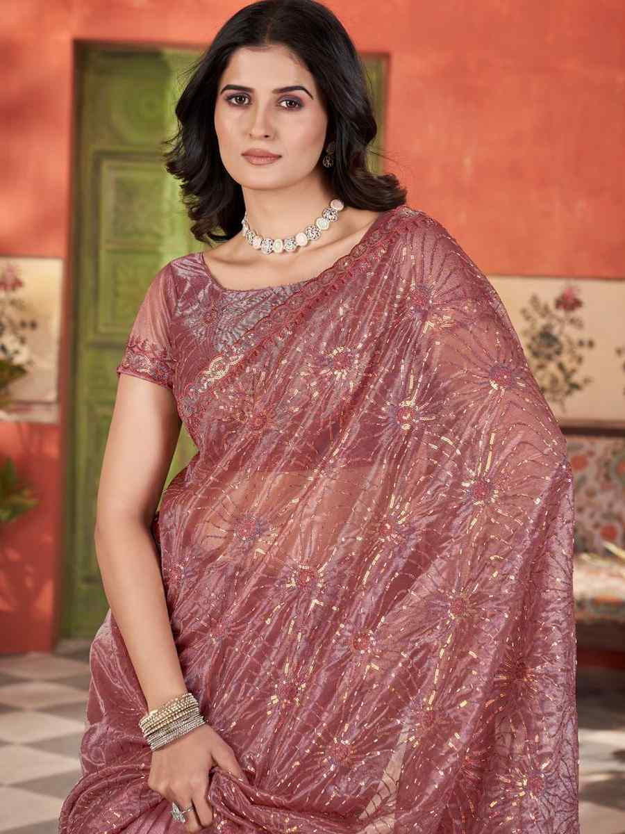 Rust Pink Twill Net Embroidered Festival Wedding Fancy Heavy Border Saree