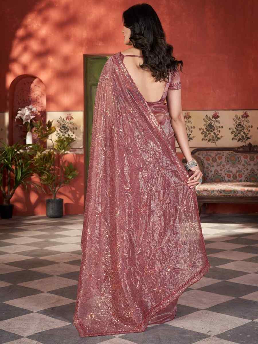 Rust Pink Twill Net Embroidered Festival Wedding Fancy Heavy Border Saree