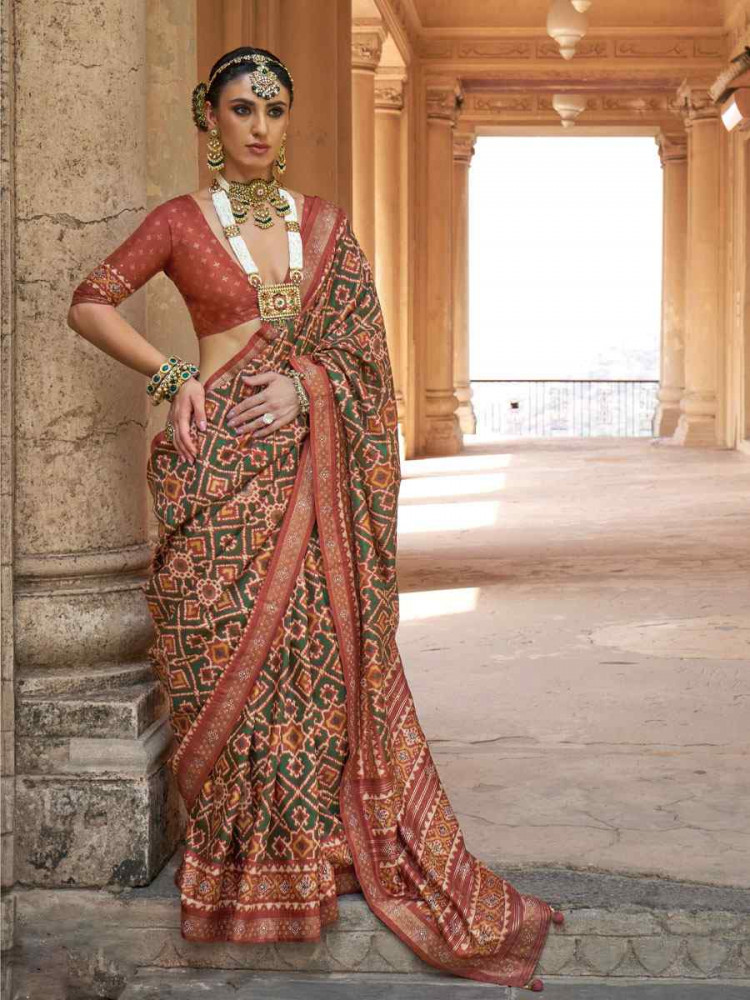 Image of Rust Printed Festival Casual Wedding Cocktail Party Fancy Classic Heavy Border Saree