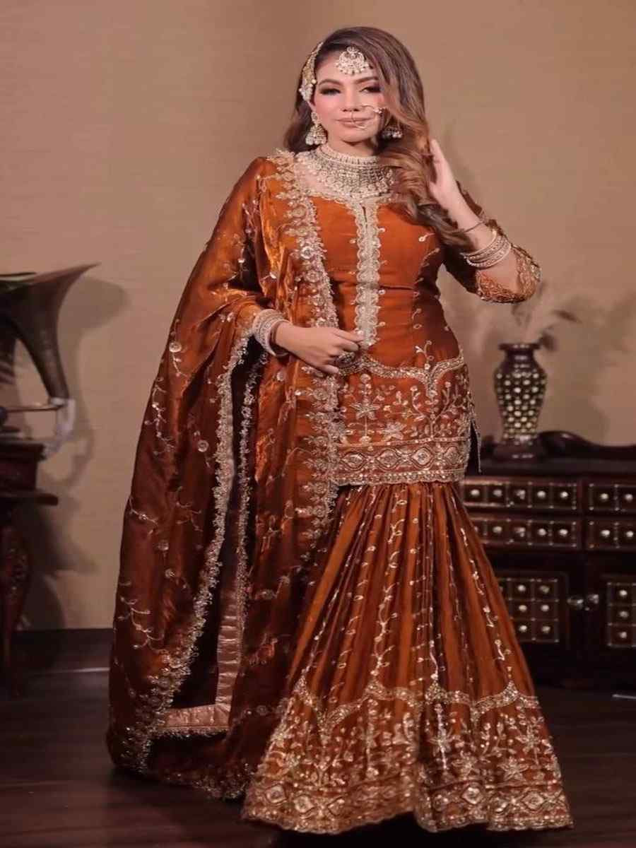 Rust Pure Fendy Silk Embroidery Party Wedding Festival Casual Ready Sharara Pant Salwar Kameez