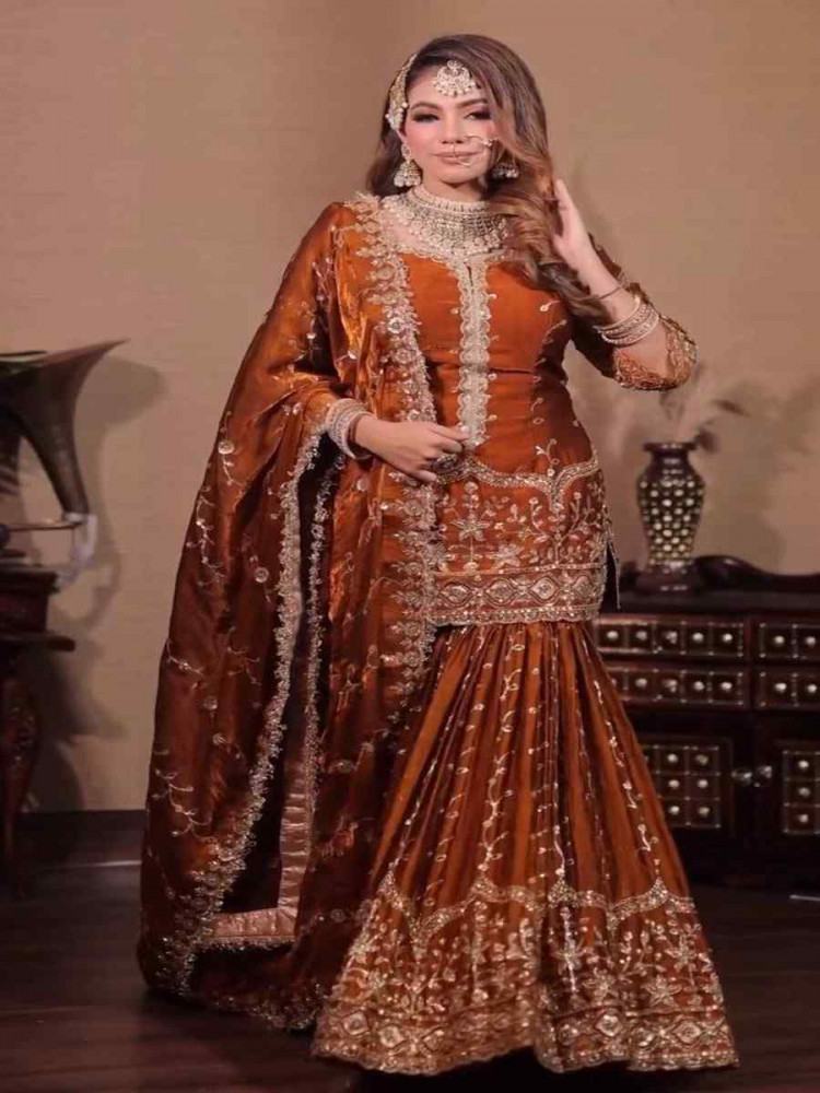 Image of Rust Pure Fendy Silk Embroidery Party Wedding Festival Casual Ready Sharara Pant Salwar Kameez