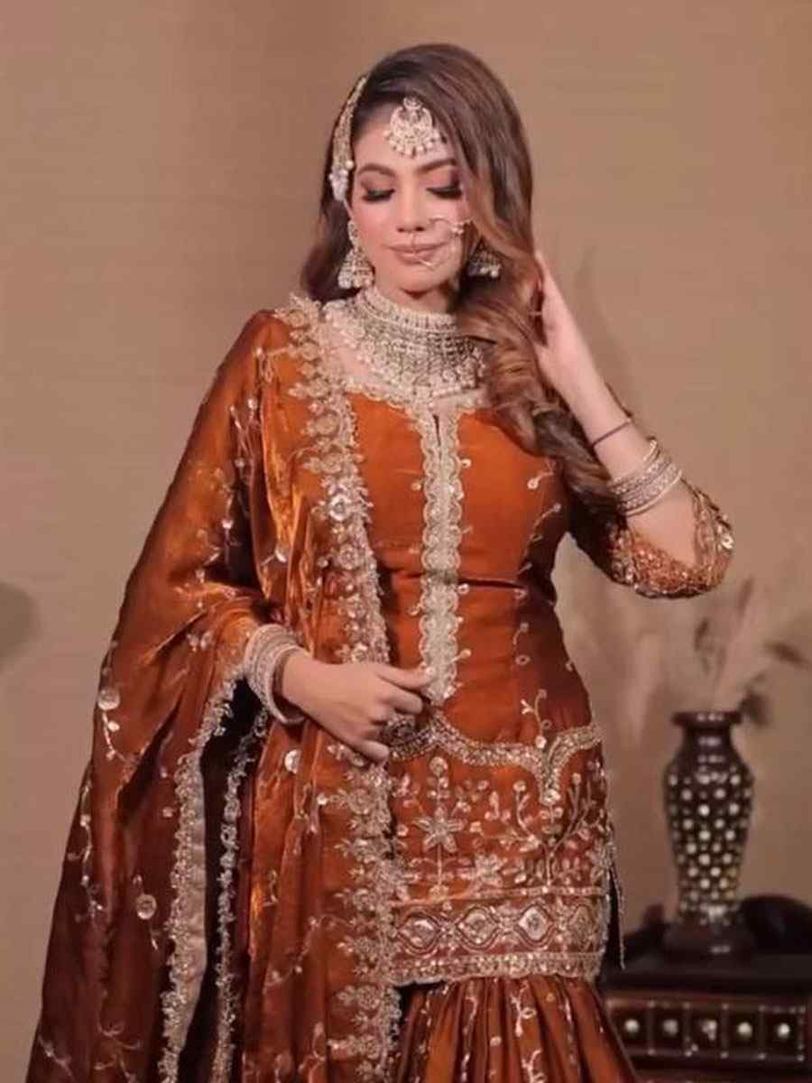 Rust Pure Fendy Silk Embroidery Party Wedding Festival Casual Ready Sharara Pant Salwar Kameez