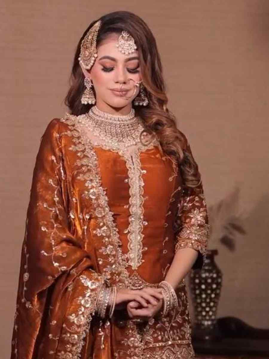 Rust Pure Fendy Silk Embroidery Party Wedding Festival Casual Ready Sharara Pant Salwar Kameez