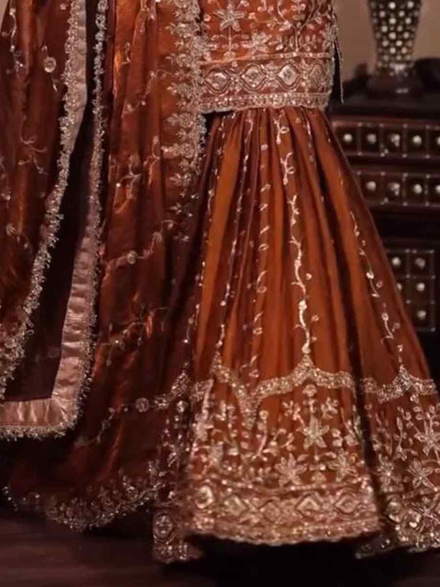 Rust Pure Fendy Silk Embroidery Party Wedding Festival Casual Ready Sharara Pant Salwar Kameez