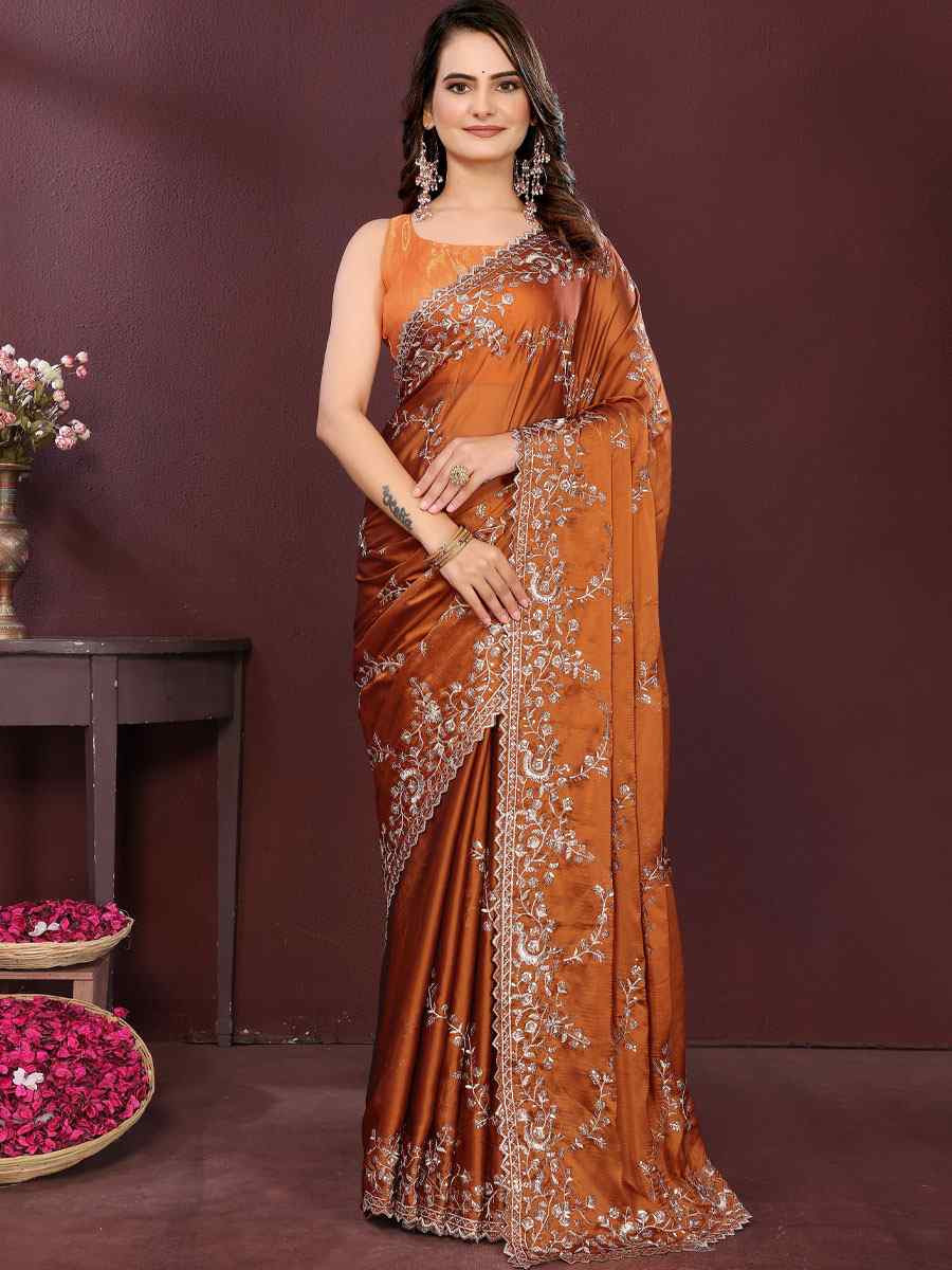 Rust Rangoli Silk Embroidery Party Bridal Reception Festival Wedding Fancy Heavy Border Saree