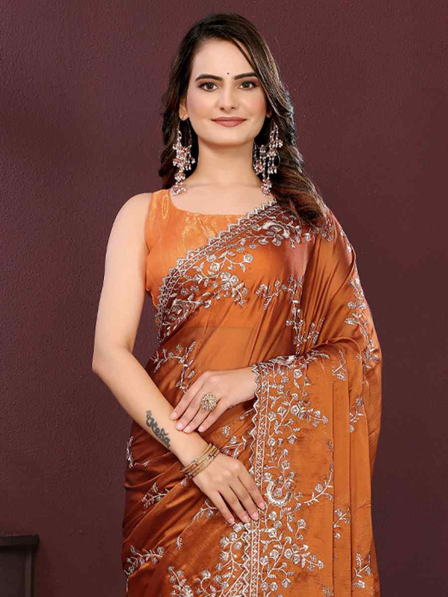 Rust Rangoli Silk Embroidery Party Bridal Reception Festival Wedding Fancy Heavy Border Saree