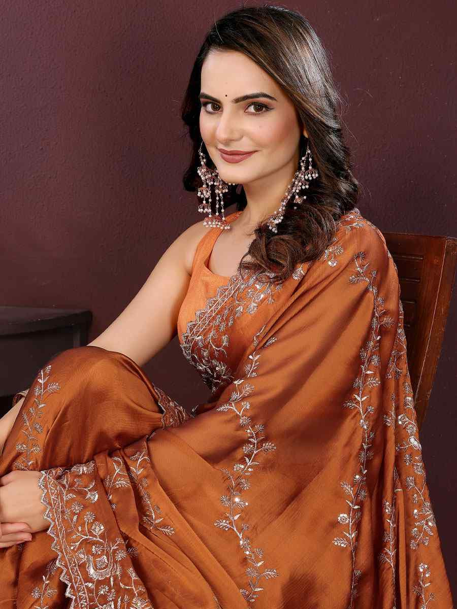 Rust Rangoli Silk Embroidery Party Bridal Reception Festival Wedding Fancy Heavy Border Saree