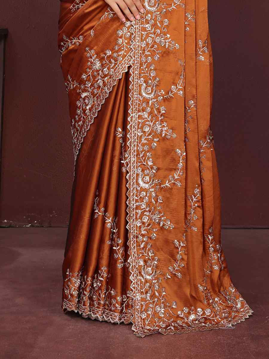 Rust Rangoli Silk Embroidery Party Bridal Reception Festival Wedding Fancy Heavy Border Saree