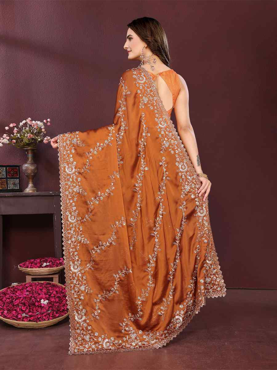 Rust Rangoli Silk Embroidery Party Bridal Reception Festival Wedding Fancy Heavy Border Saree
