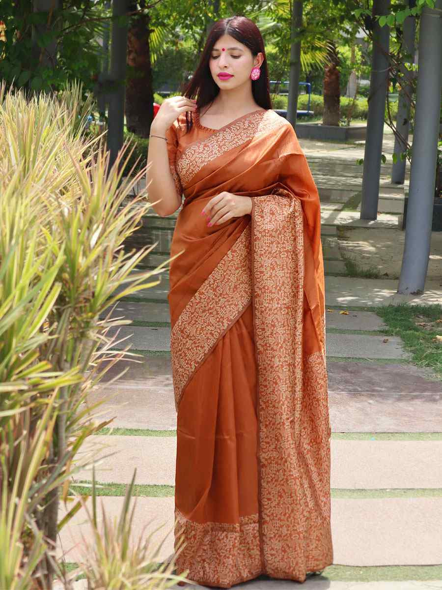 Rust Raw Silk Printed Festival Wedding Fancy Heavy Border Saree