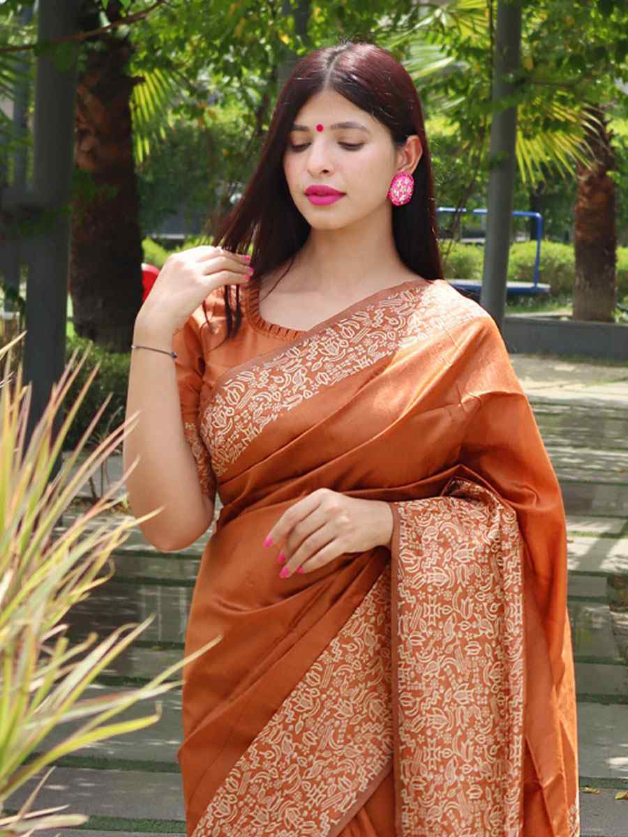 Rust Raw Silk Printed Festival Wedding Fancy Heavy Border Saree