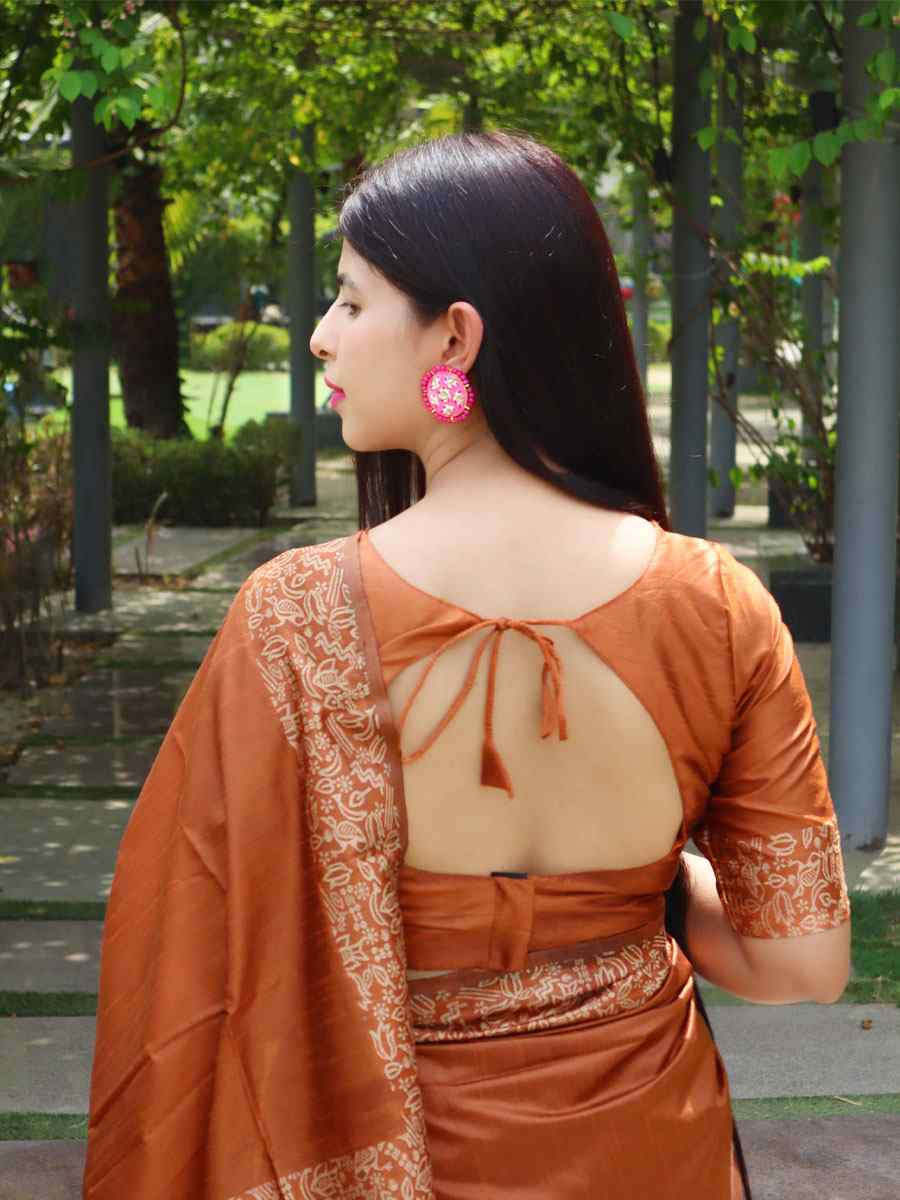 Rust Raw Silk Printed Festival Wedding Fancy Heavy Border Saree