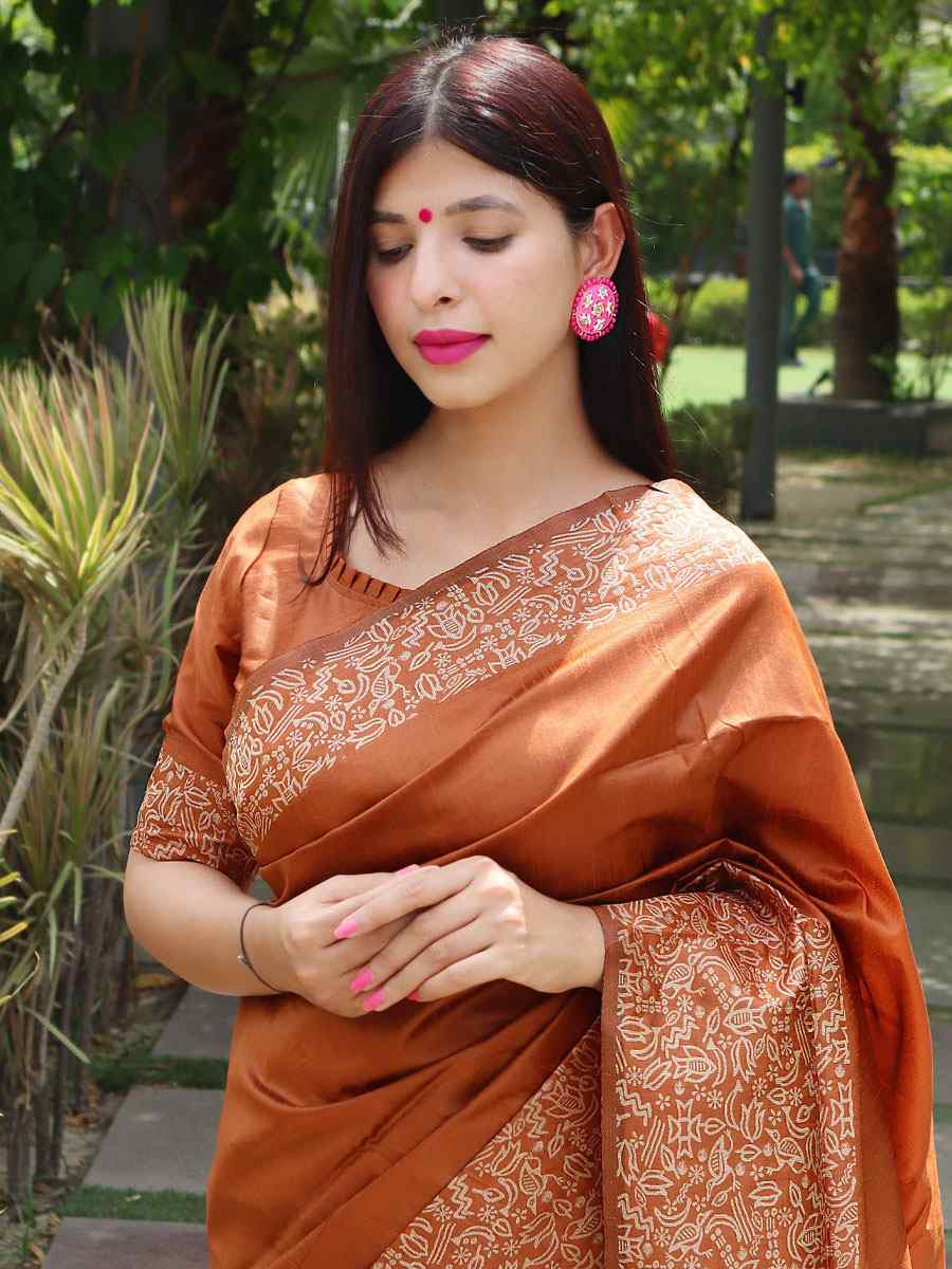 Rust Raw Silk Printed Festival Wedding Fancy Heavy Border Saree