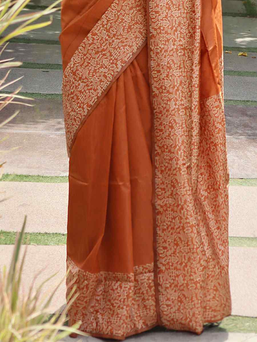 Rust Raw Silk Printed Festival Wedding Fancy Heavy Border Saree