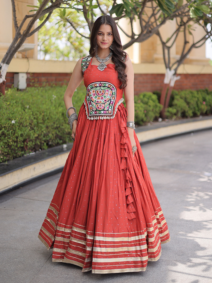 Rust Rayon Gamthi Mirror Work Wedding Reception Festival Party Wear Ready Circular Lehenga Choli