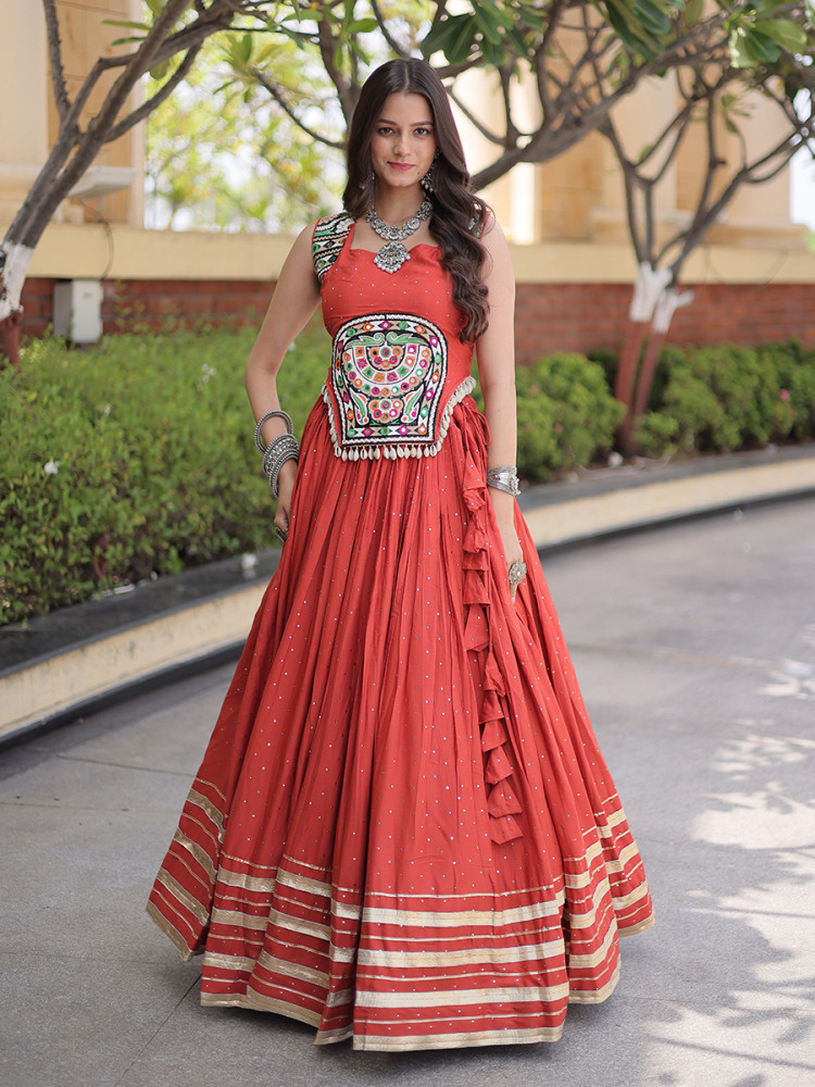 Image of Rust Rayon Gamthi Mirror Work Wedding Reception Festival Party Wear Ready Circular Lehenga Choli