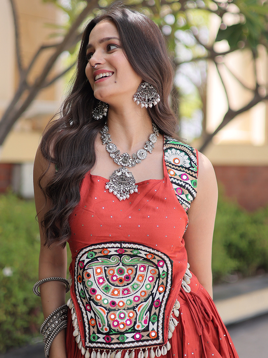 Rust Rayon Gamthi Mirror Work Wedding Reception Festival Party Wear Ready Circular Lehenga Choli