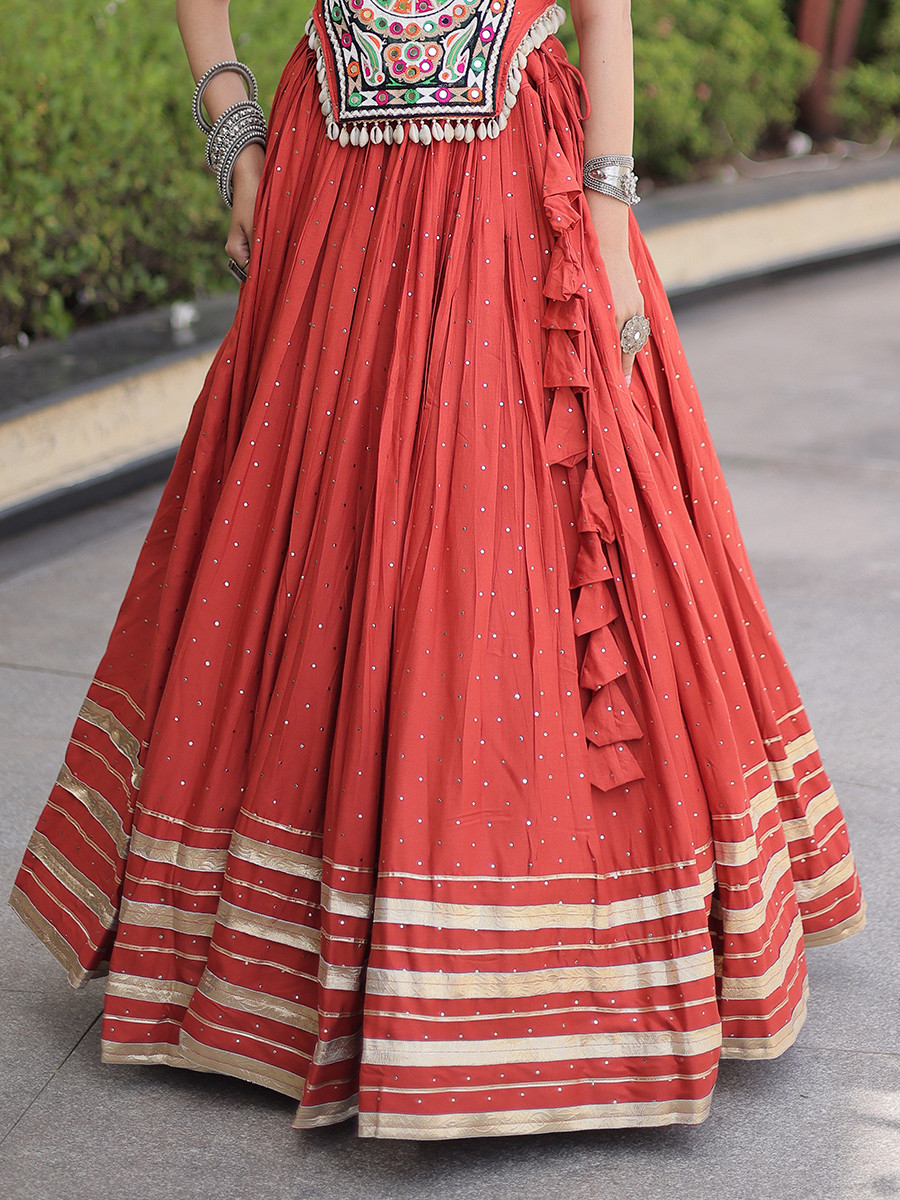 Rust Rayon Gamthi Mirror Work Wedding Reception Festival Party Wear Ready Circular Lehenga Choli