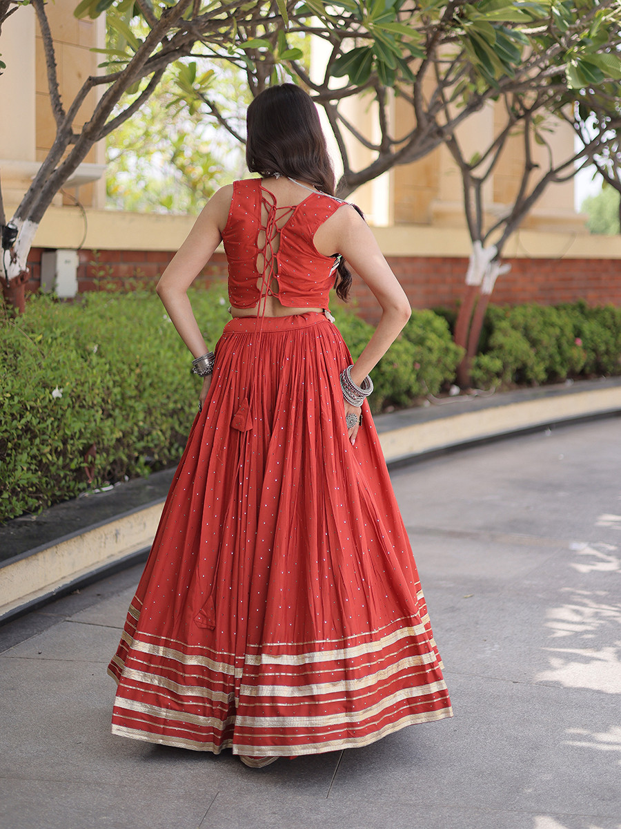 Rust Rayon Gamthi Mirror Work Wedding Reception Festival Party Wear Ready Circular Lehenga Choli