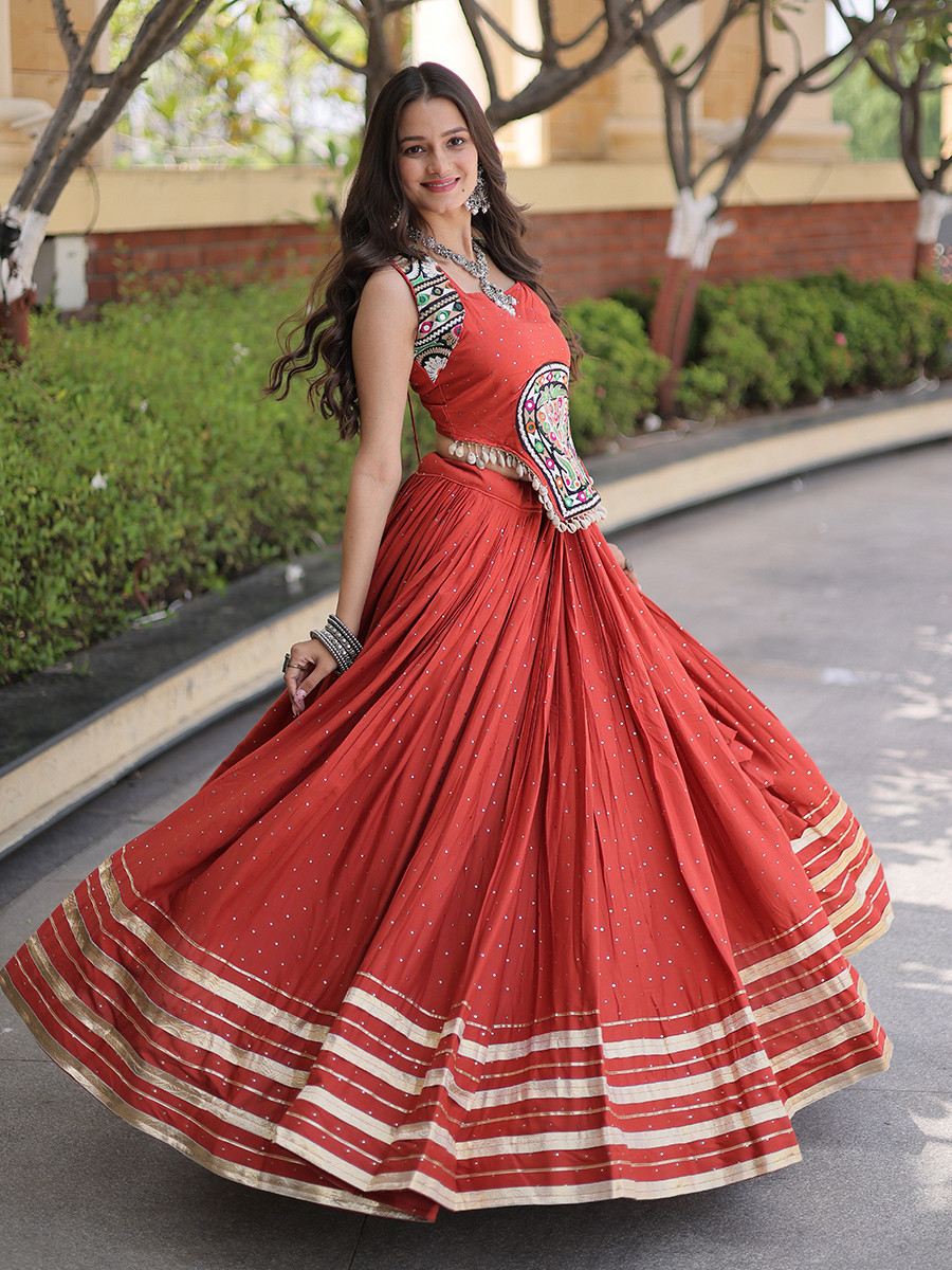 Rust Rayon Gamthi Mirror Work Wedding Reception Festival Party Wear Ready Circular Lehenga Choli