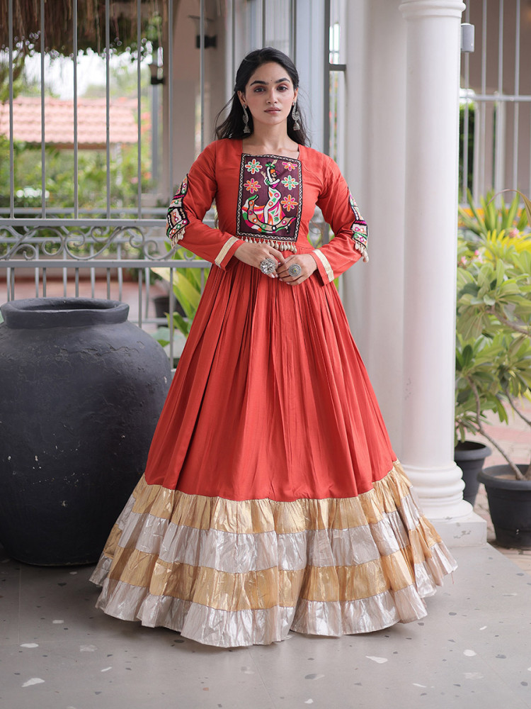 Image of Rust Rayon Kutchi Gamthi Thread Work Festival Casual Party Wear Gown Women Wear
