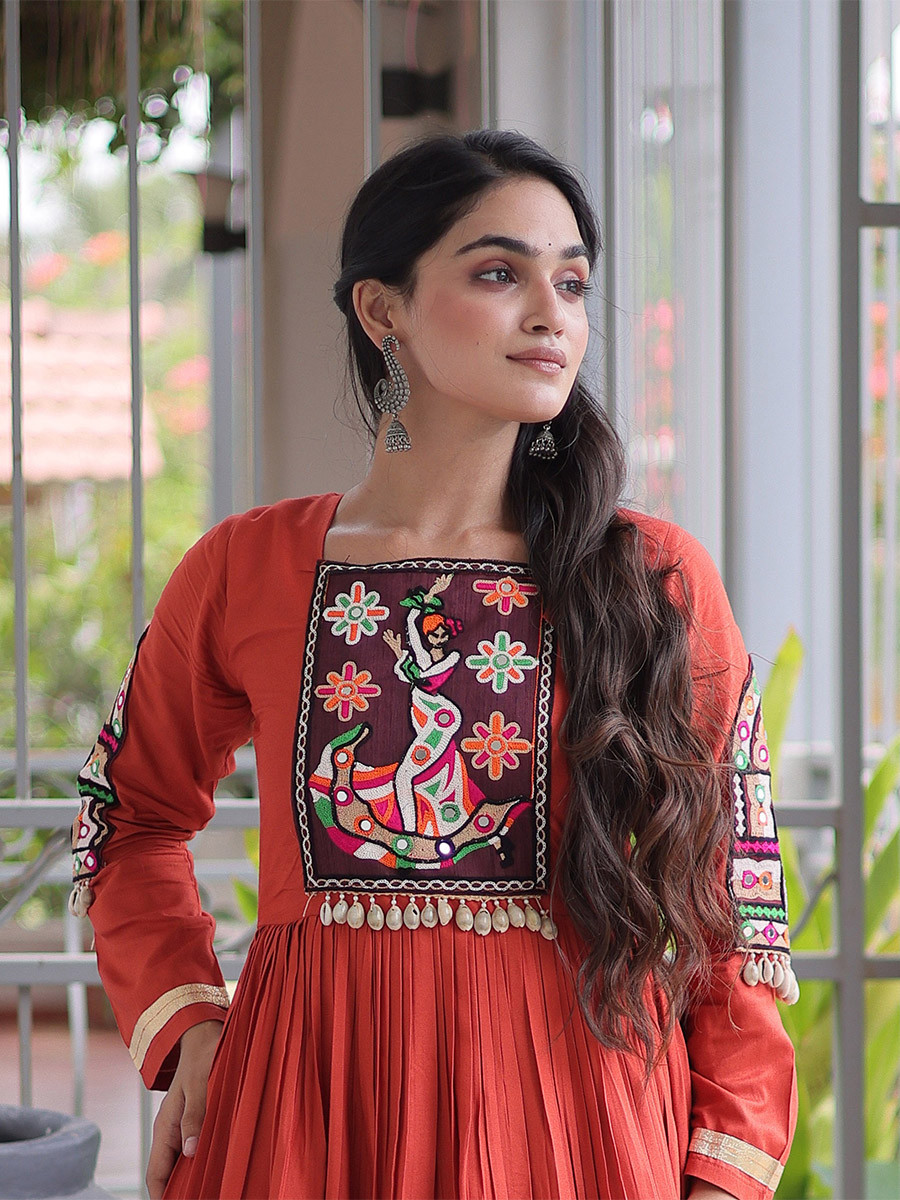 Rust Rayon Kutchi Gamthi Thread Work Festival Casual Party Wear Gown Women Wear