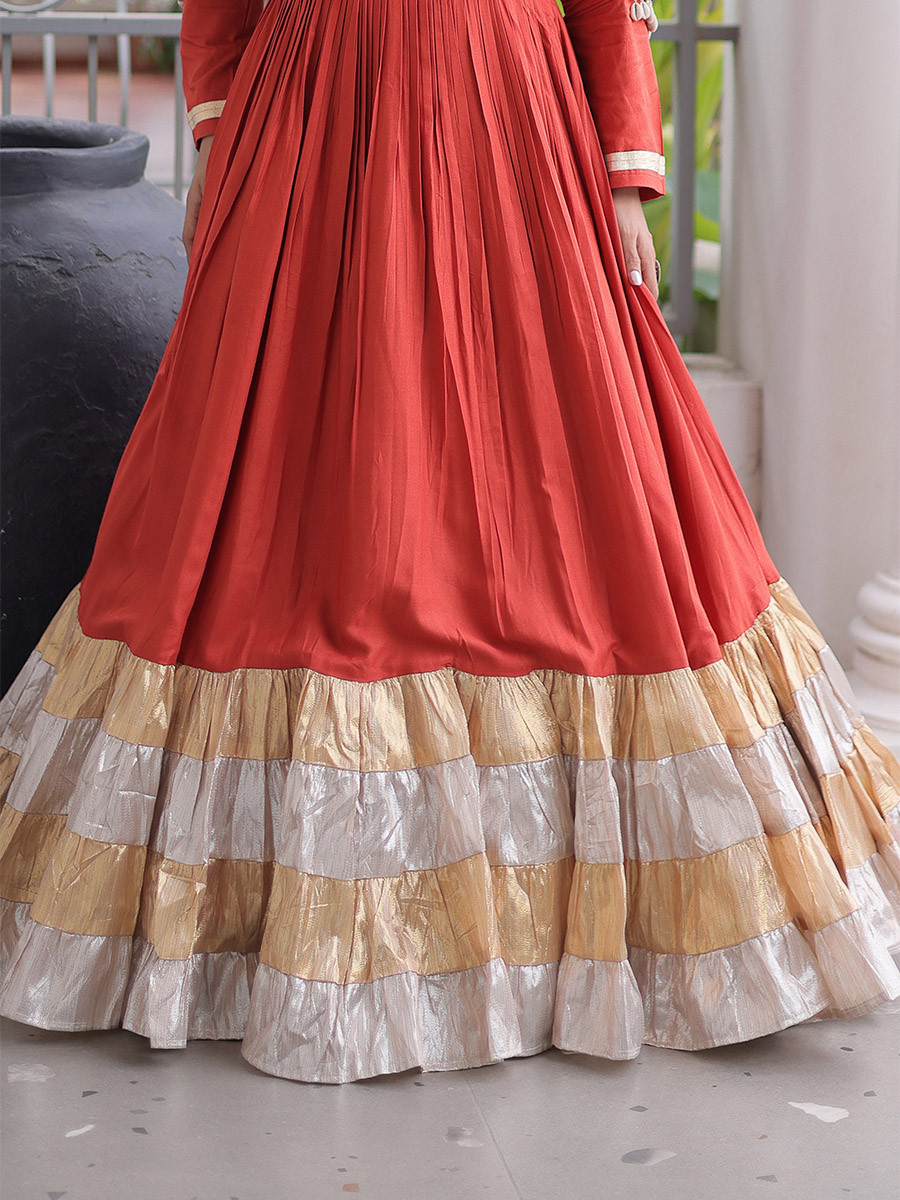 Rust Rayon Kutchi Gamthi Thread Work Festival Casual Party Wear Gown Women Wear