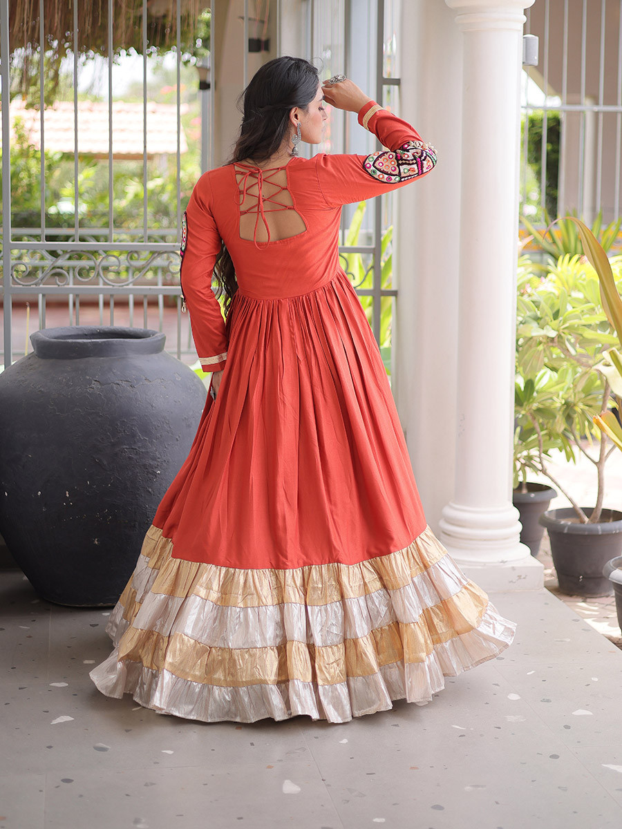 Rust Rayon Kutchi Gamthi Thread Work Festival Casual Party Wear Gown Women Wear