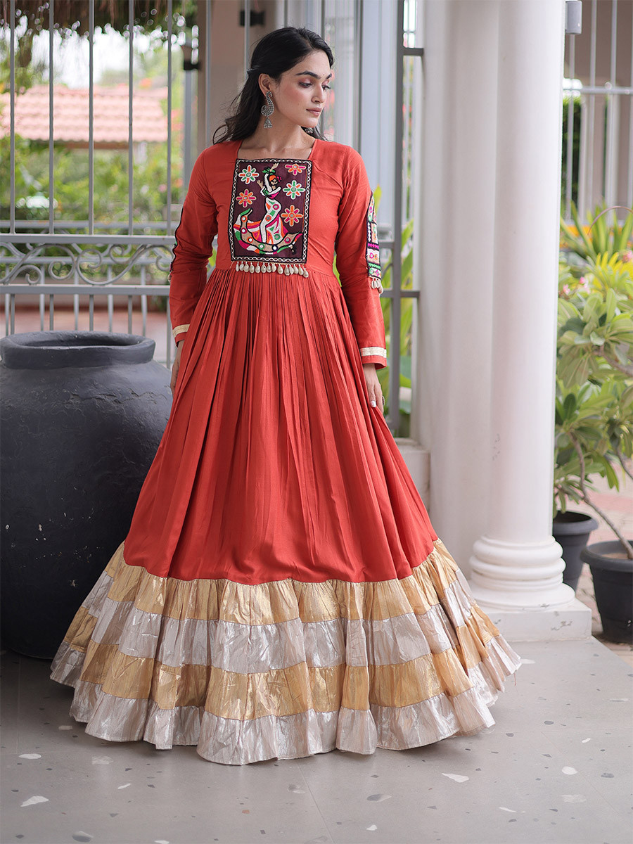 Rust Rayon Kutchi Gamthi Thread Work Festival Casual Party Wear Gown Women Wear