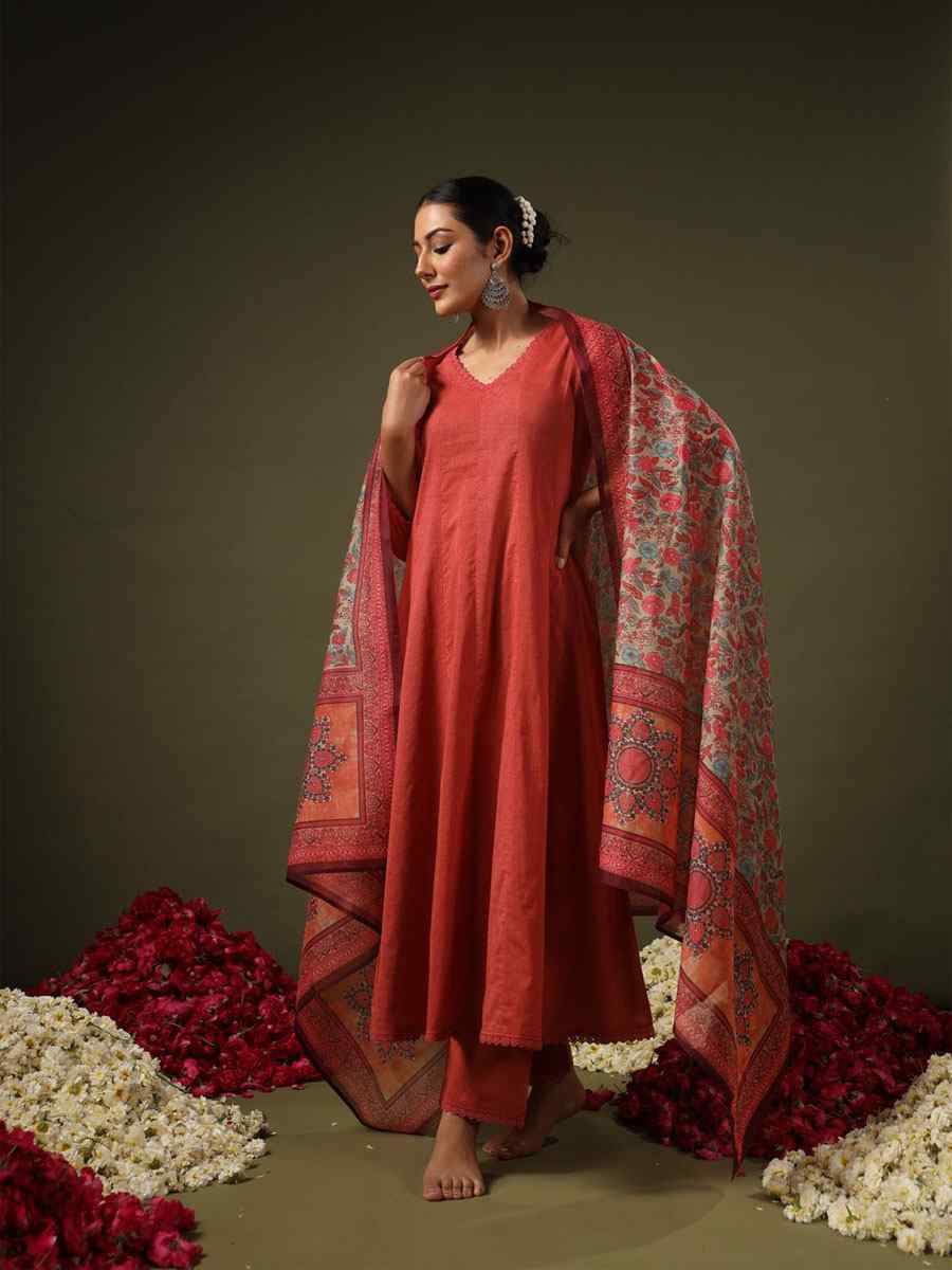 Rust Rayon Printed Party Wedding Festival Casual Ready Anarkali Salwar Kameez