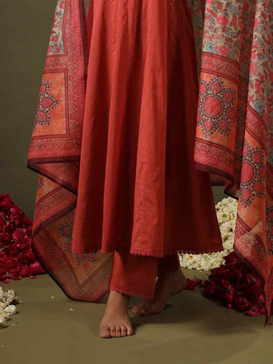 Rust Rayon Printed Party Wedding Festival Casual Ready Anarkali Salwar Kameez