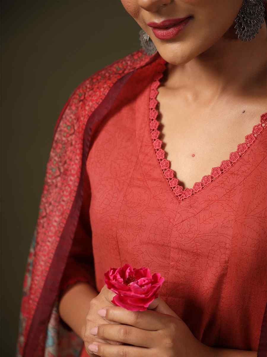 Rust Rayon Printed Party Wedding Festival Casual Ready Anarkali Salwar Kameez