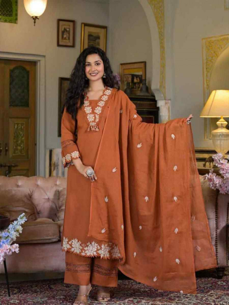 Image of Rust Rayon Slub Cotton Embroidery Party Wedding Festival Casual Ready Pant Salwar Kameez