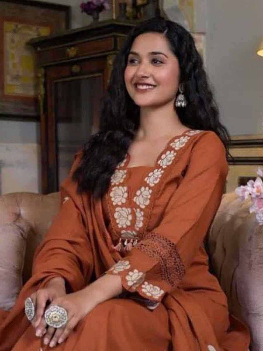 Rust Rayon Slub Cotton Embroidery Party Wedding Festival Casual Ready Pant Salwar Kameez