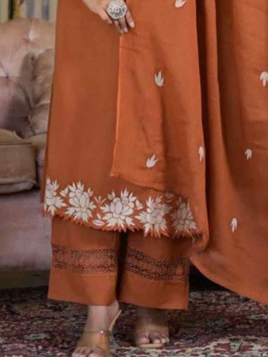 Rust Rayon Slub Cotton Embroidery Party Wedding Festival Casual Ready Pant Salwar Kameez