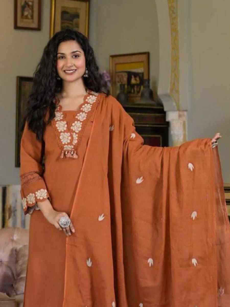 Rust Rayon Slub Cotton Embroidery Party Wedding Festival Casual Ready Pant Salwar Kameez