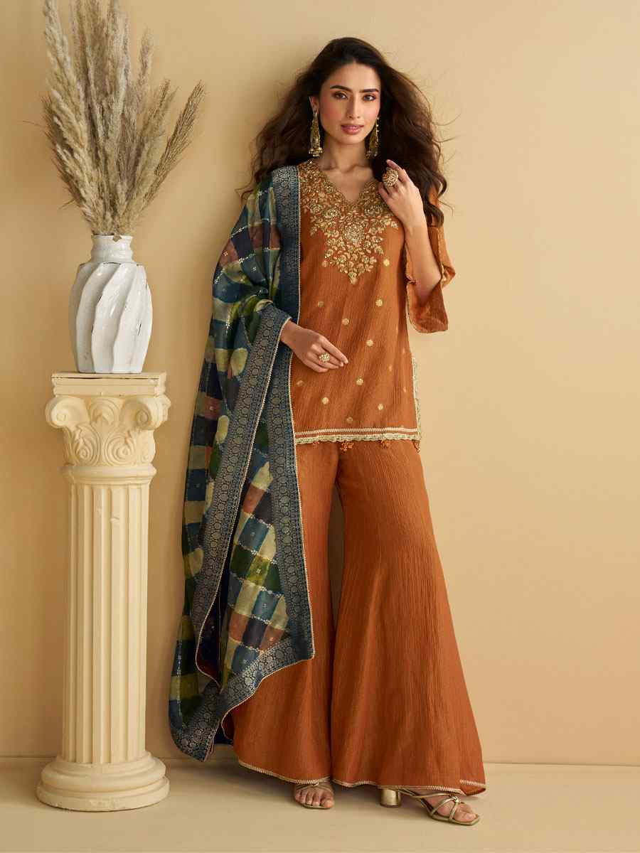 Rust Real Premium Chinon Silk Embroidery Party Wedding Festival Casual Ready Palazzo Pant Salwar Kameez