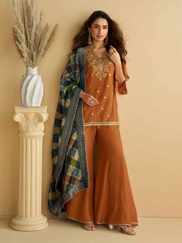 Image of Rust Real Premium Chinon Silk Embroidery Party Wedding Festival Casual Ready Palazzo Pant Salwar Kameez