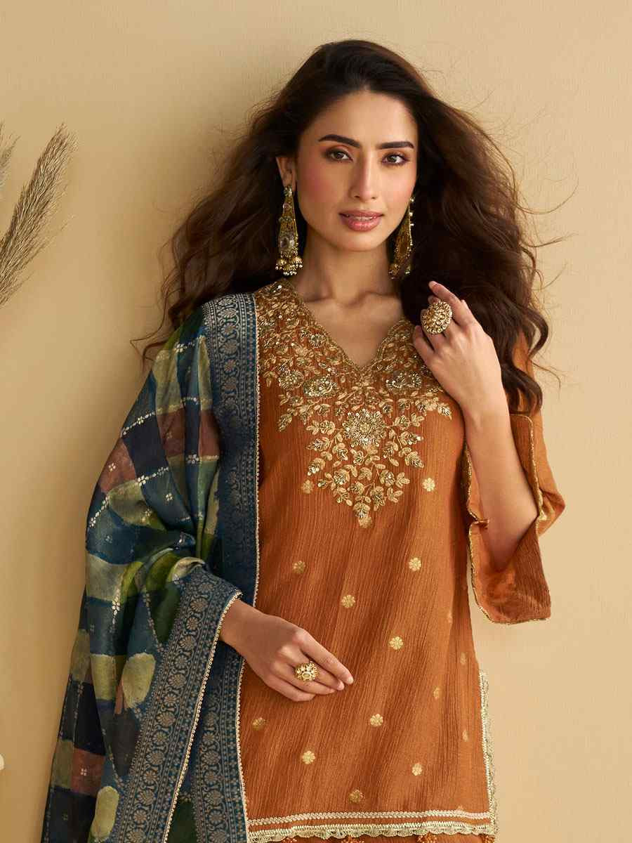 Rust Real Premium Chinon Silk Embroidery Party Wedding Festival Casual Ready Palazzo Pant Salwar Kameez