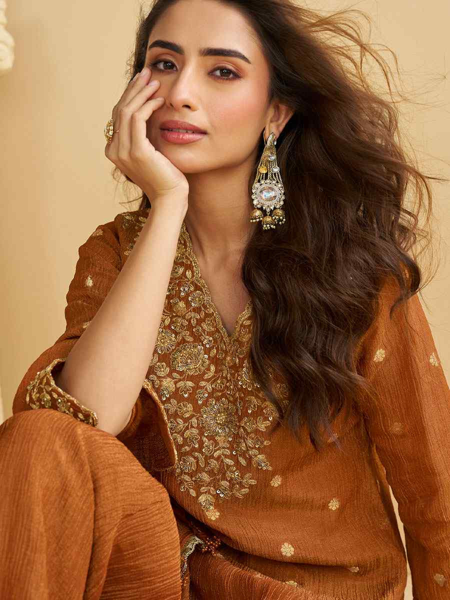 Rust Real Premium Chinon Silk Embroidery Party Wedding Festival Casual Ready Palazzo Pant Salwar Kameez