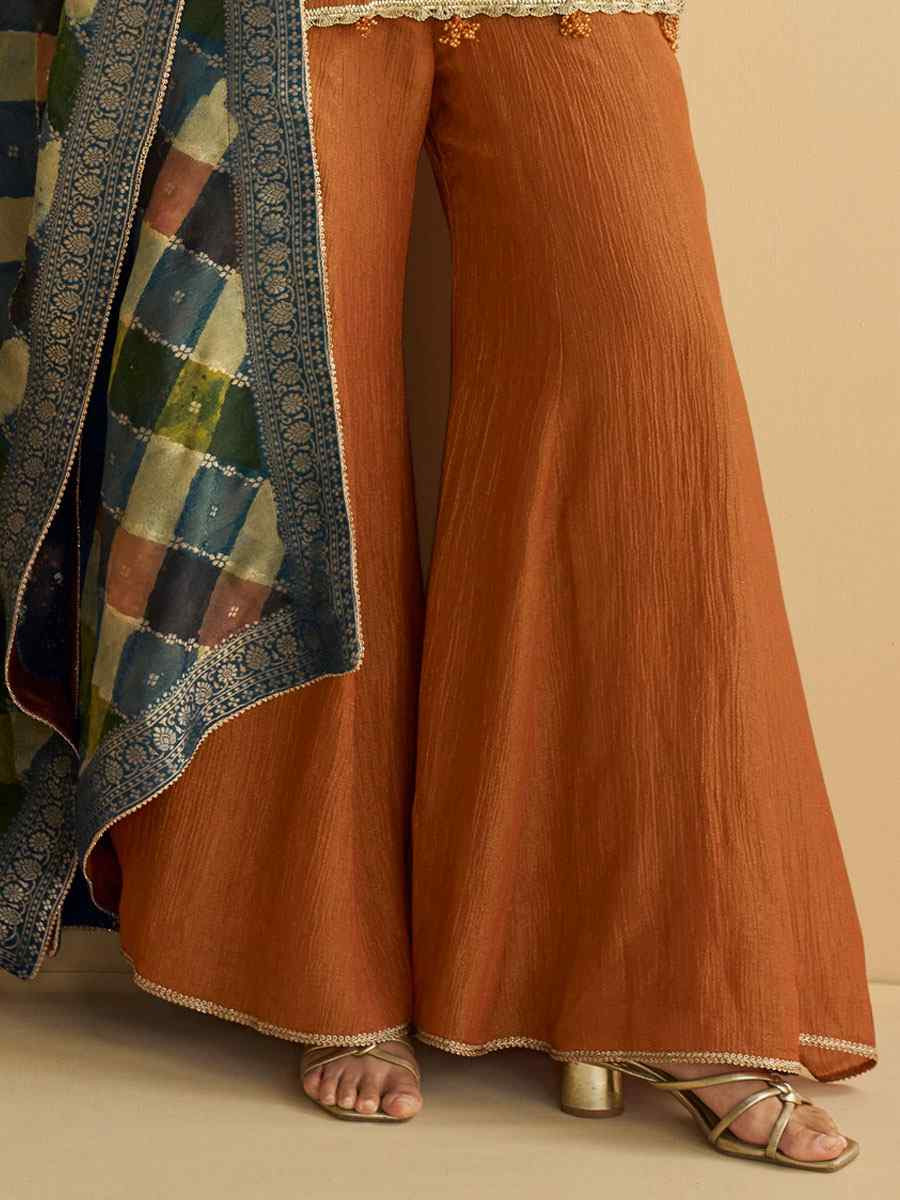 Rust Real Premium Chinon Silk Embroidery Party Wedding Festival Casual Ready Palazzo Pant Salwar Kameez