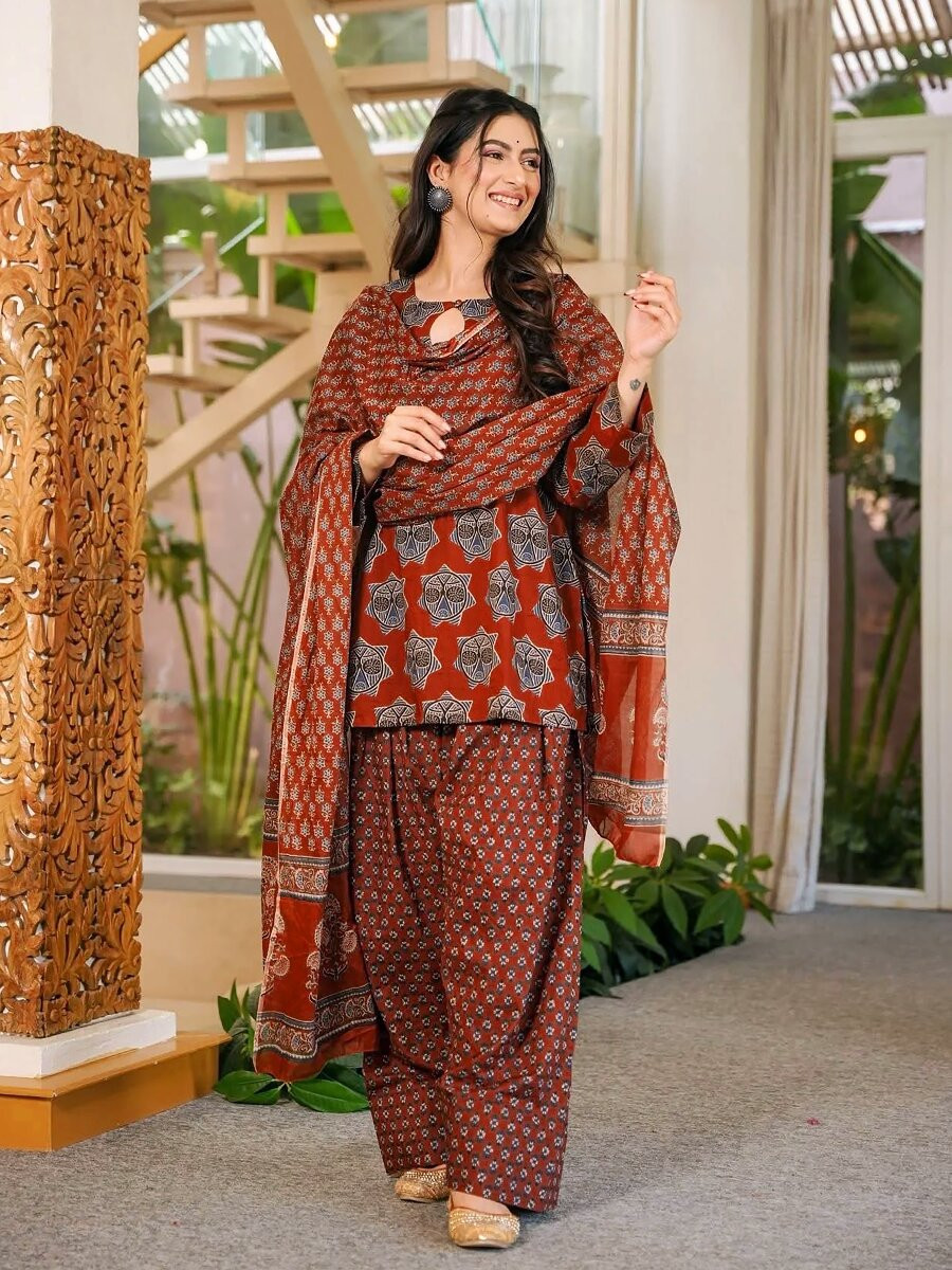 Rust Red Cambric cotton Floral Printed Party Festival Casual Ready Farsi Pant Salwar Kameez