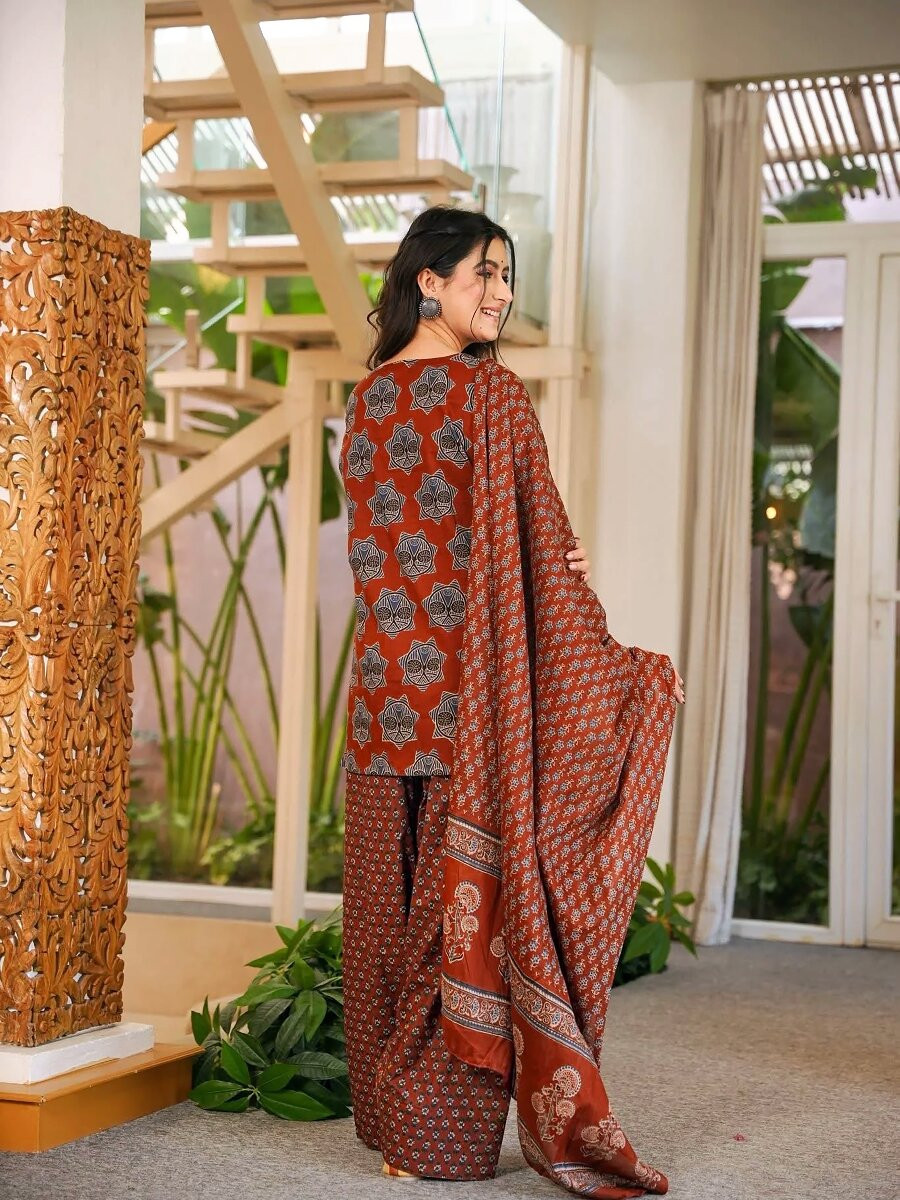 Rust Red Cambric cotton Floral Printed Party Festival Casual Ready Farsi Pant Salwar Kameez