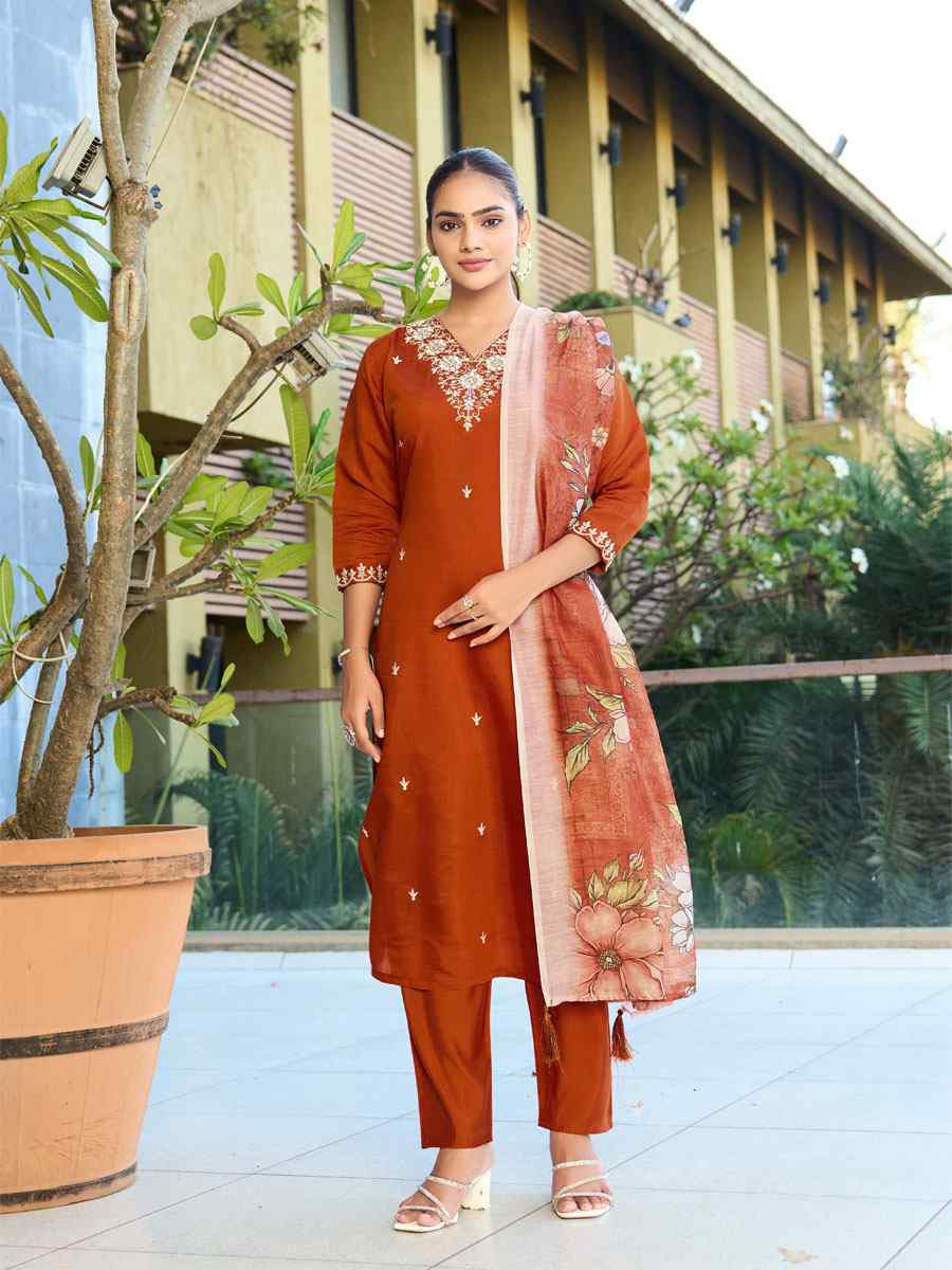 Rust Roman Silk Embroidery Party Wedding Festival Casual Ready Pant Salwar Kameez