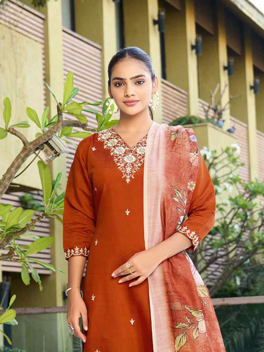 Rust Roman Silk Embroidery Party Wedding Festival Casual Ready Pant Salwar Kameez
