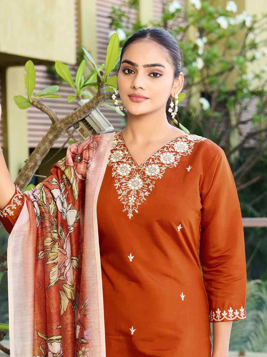 Rust Roman Silk Embroidery Party Wedding Festival Casual Ready Pant Salwar Kameez