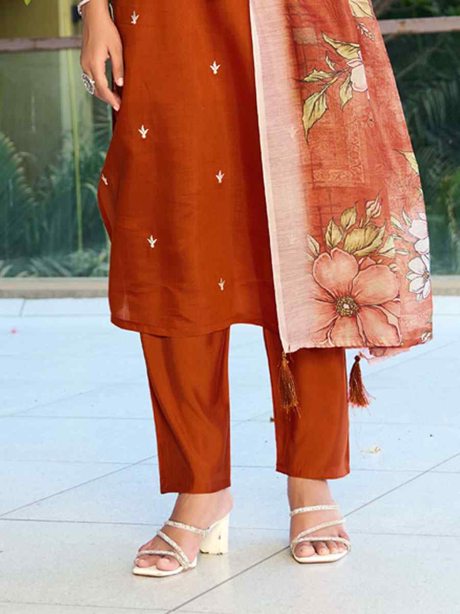 Rust Roman Silk Embroidery Party Wedding Festival Casual Ready Pant Salwar Kameez