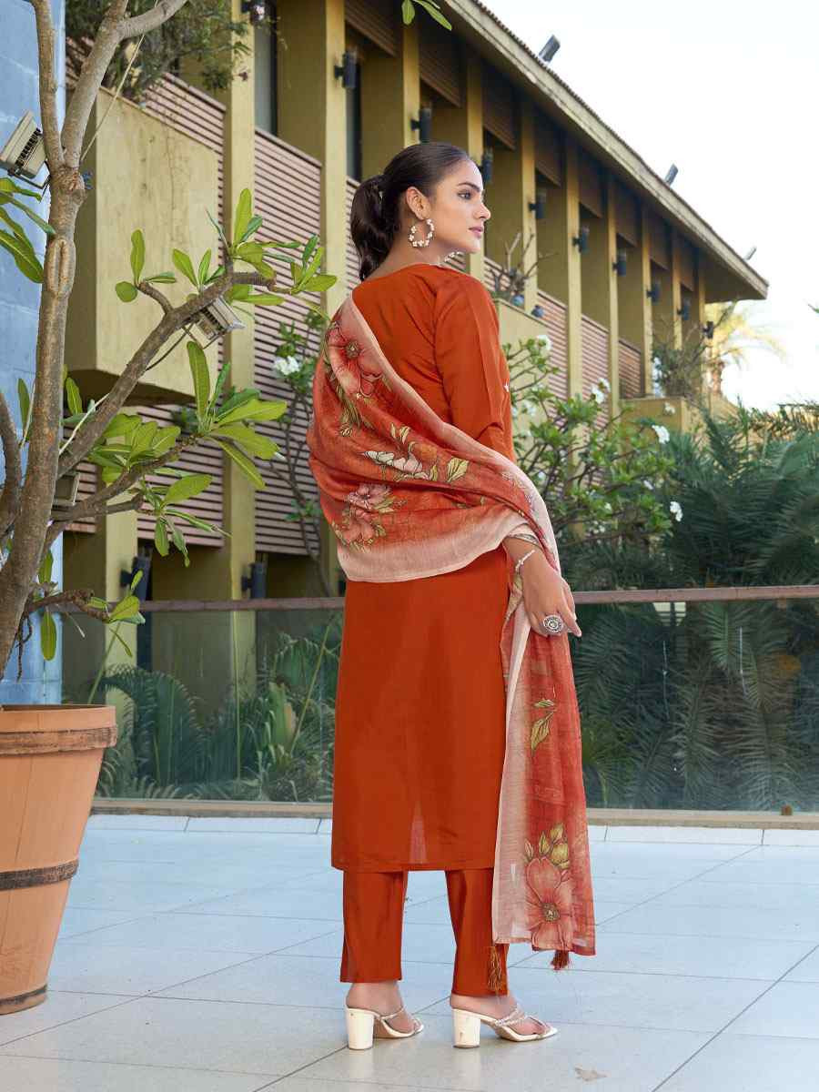 Rust Roman Silk Embroidery Party Wedding Festival Casual Ready Pant Salwar Kameez